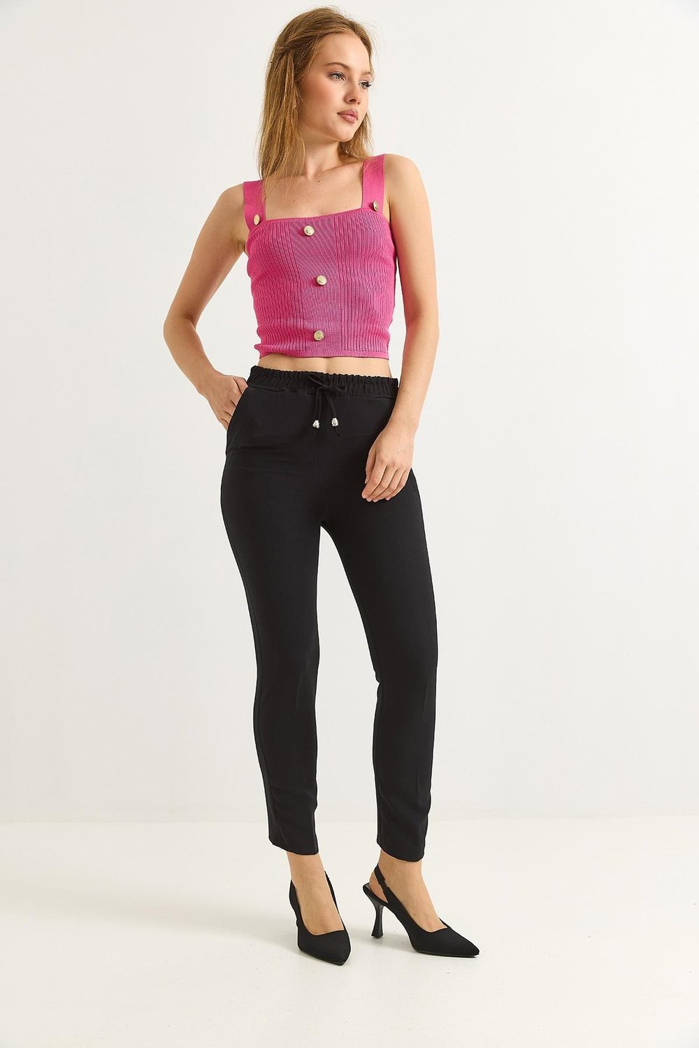 Siyah Beli Lastikli Krep Pantolon