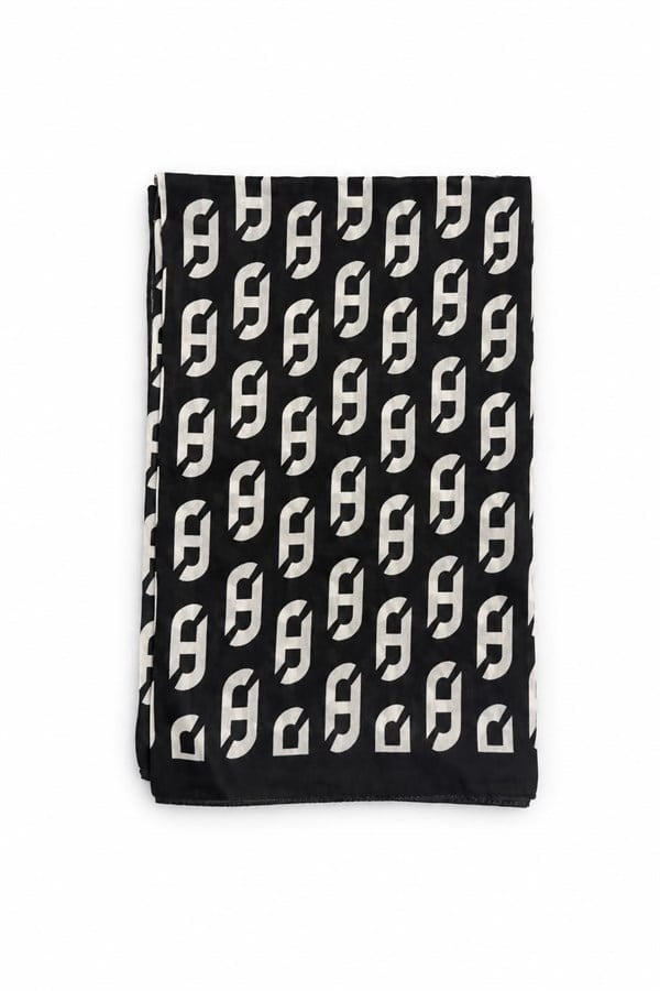 Siyah Beyaz Monogram Desenli Şal
