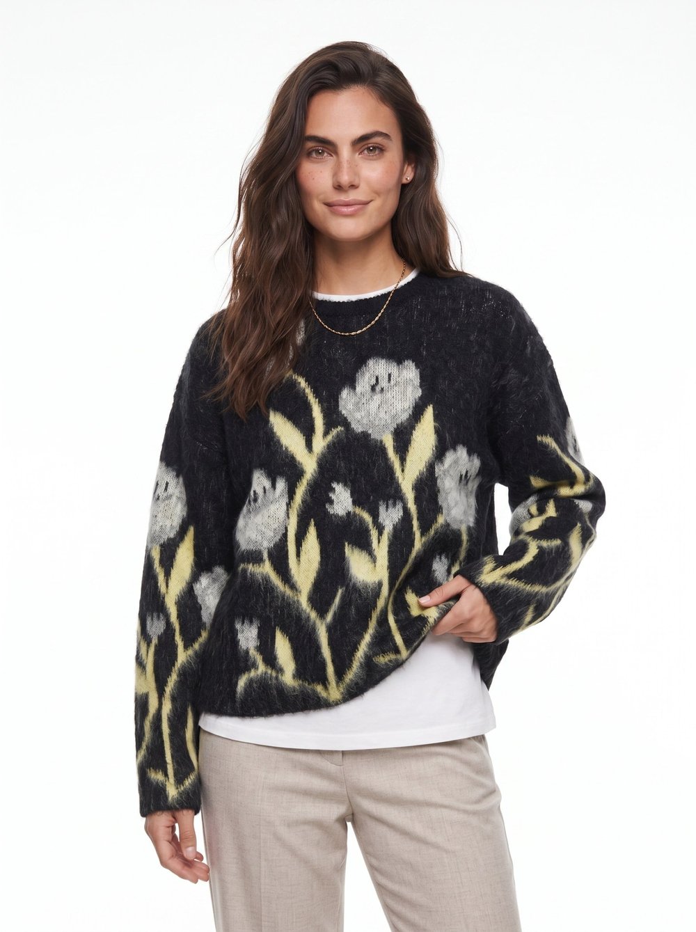 Siyah Çiçek Desenli Oversize Kazak