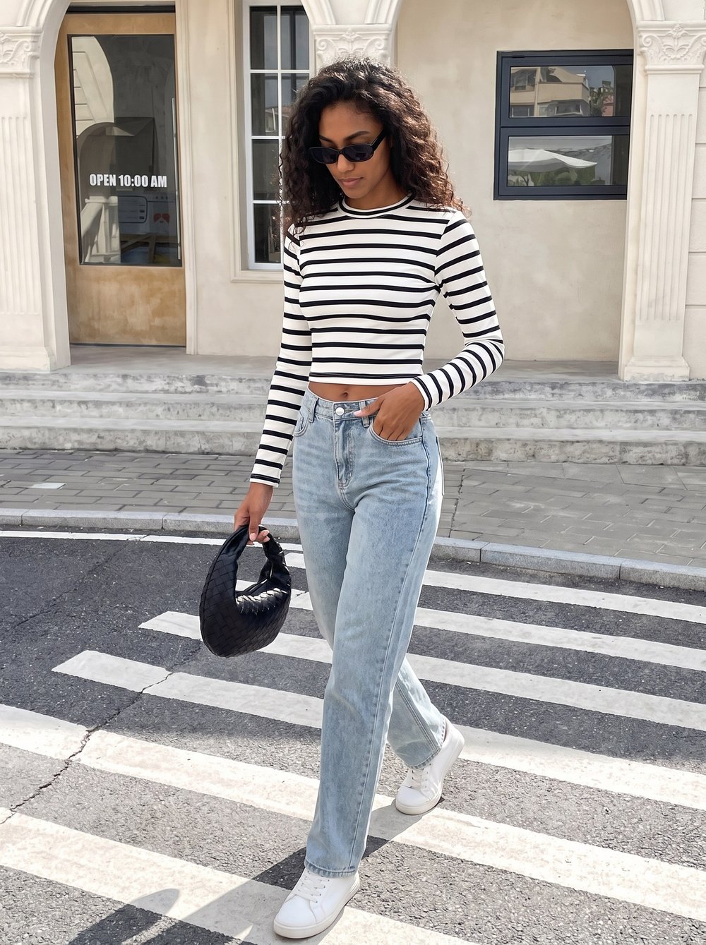 Siyah Çizgili Crop Bluz