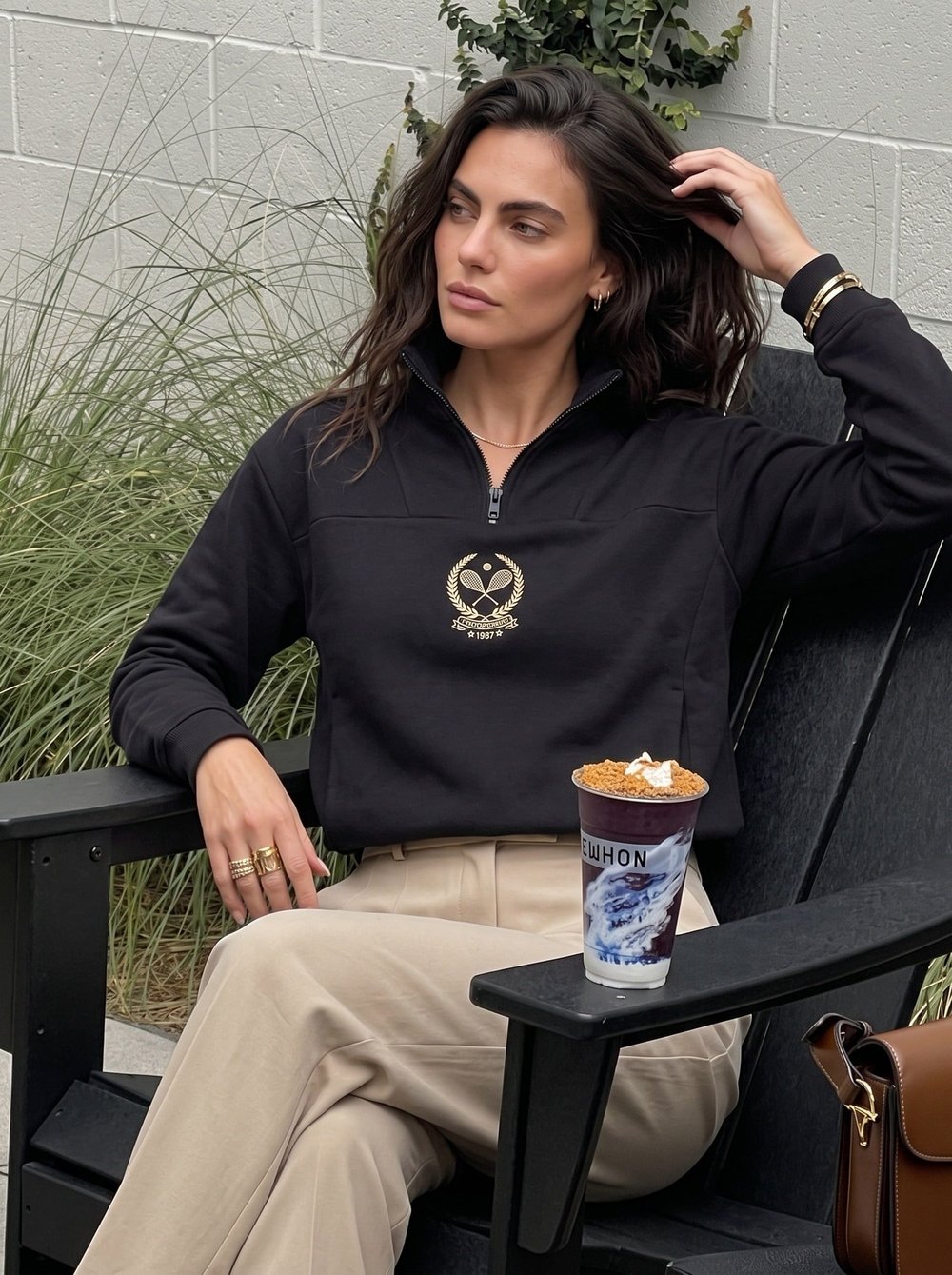 Siyah Yarım Fermuarlı Crop Sweatshirt