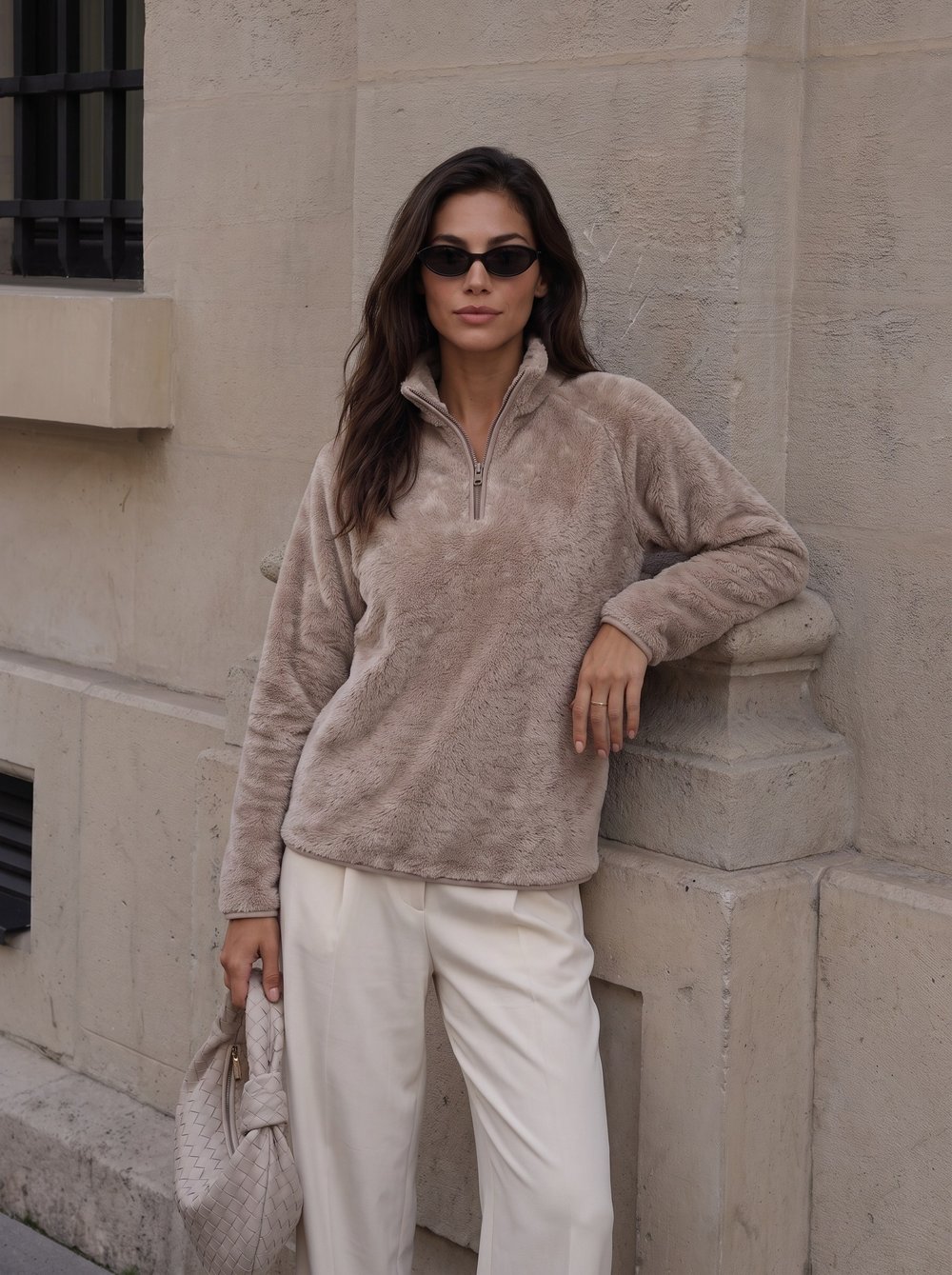 Vizon Yarım Fermuarlı Peluş Sweatshirt