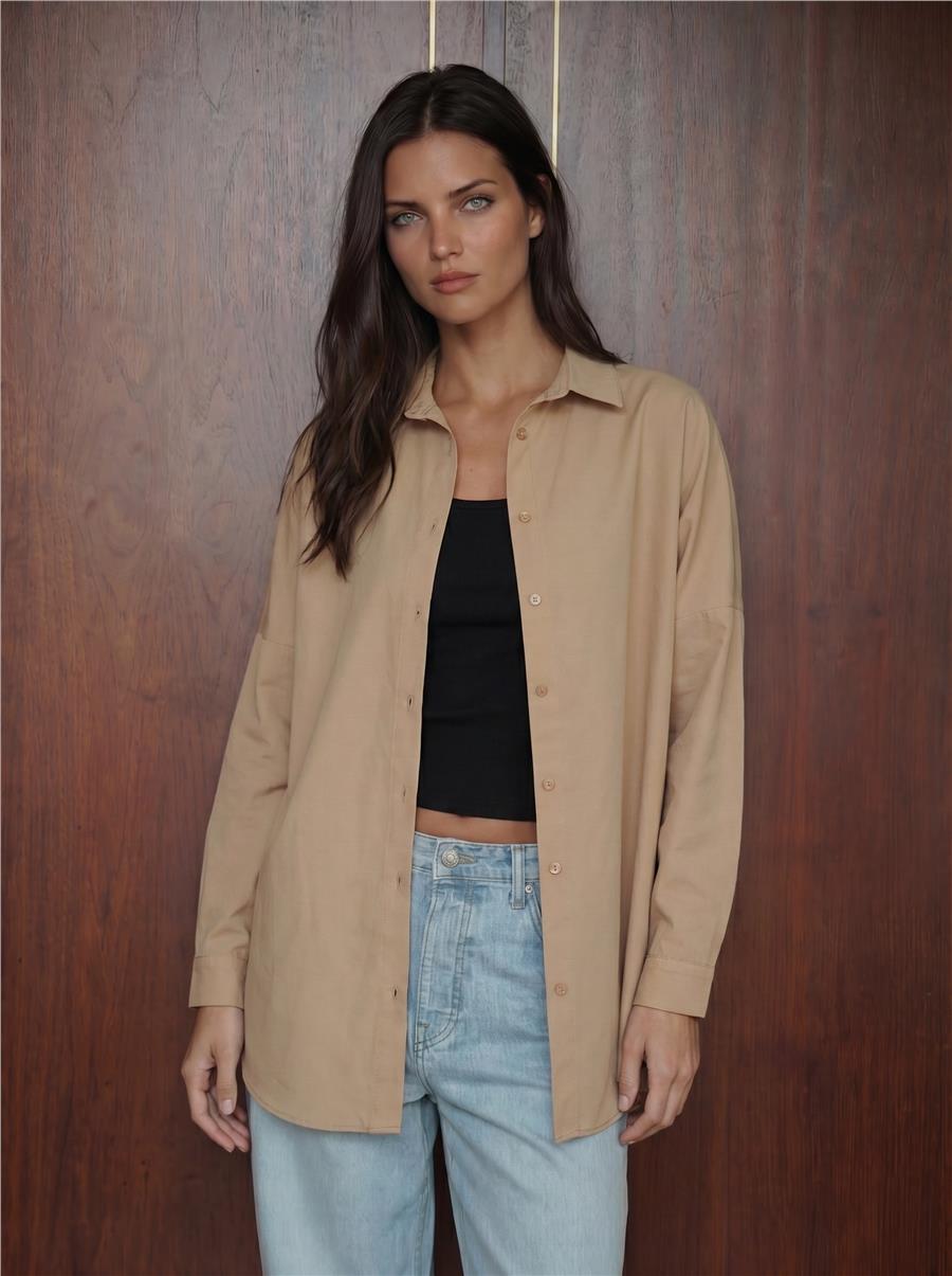 Bisküvi Oversize Uzun Basic Gömlek