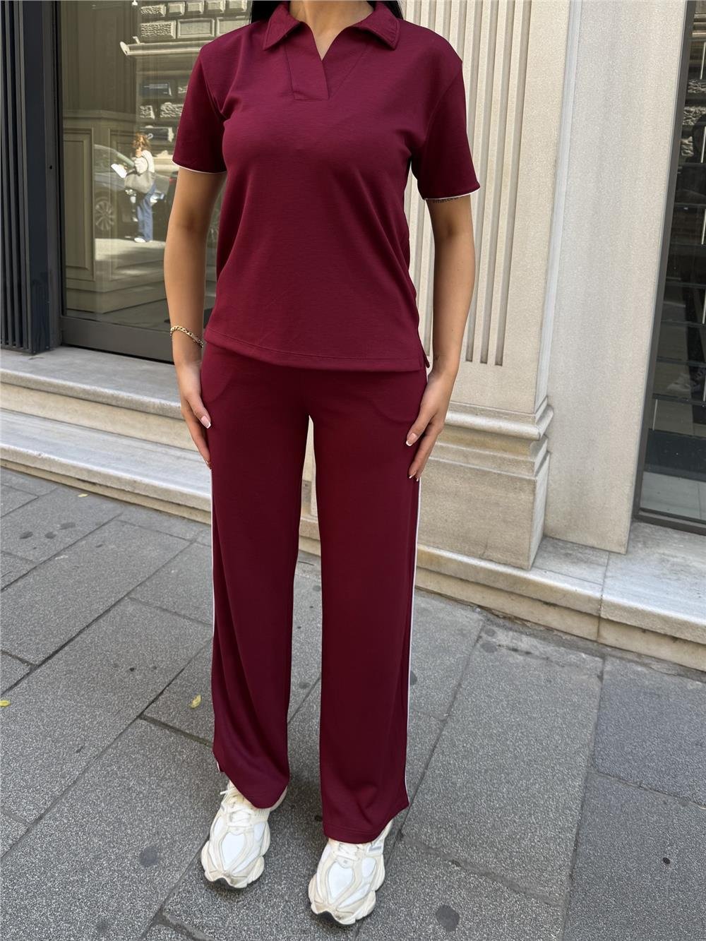 Bordo Polyester Keten Polo Yaka Takım