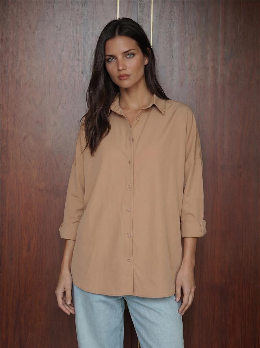 Camel Oversize Basic Tesettür Gömlek