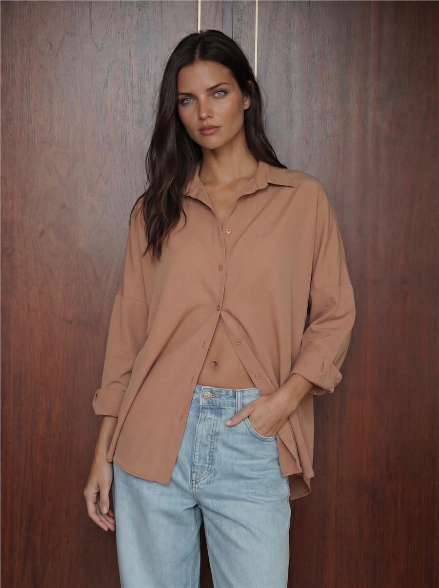 Camel Oversize Uzun Basic Gömlek