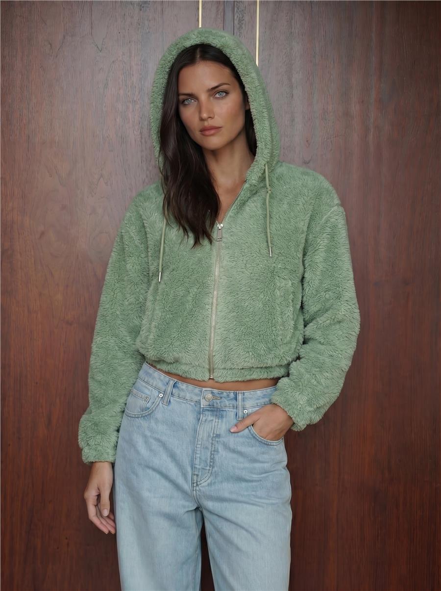 E.Yeşil Kapüşonlu Peluş Crop Ceket