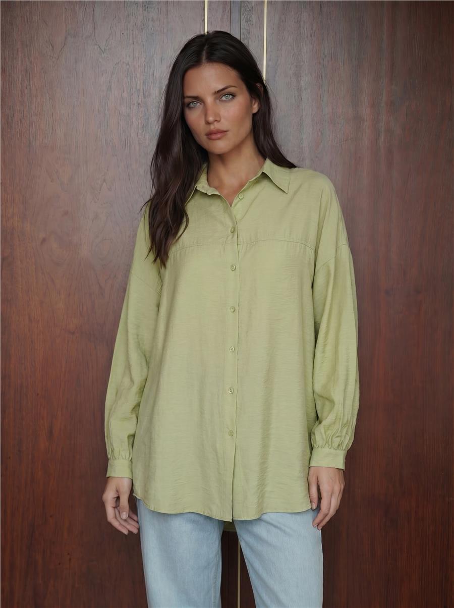 E.Yeşil Uzun Oversize Gömlek
