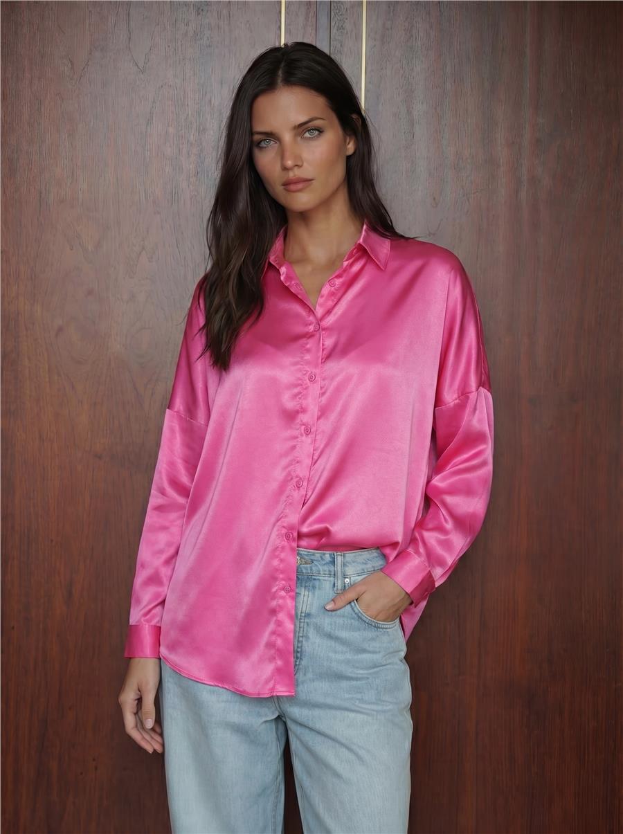 Fuşya Oversize Saten Gömlek