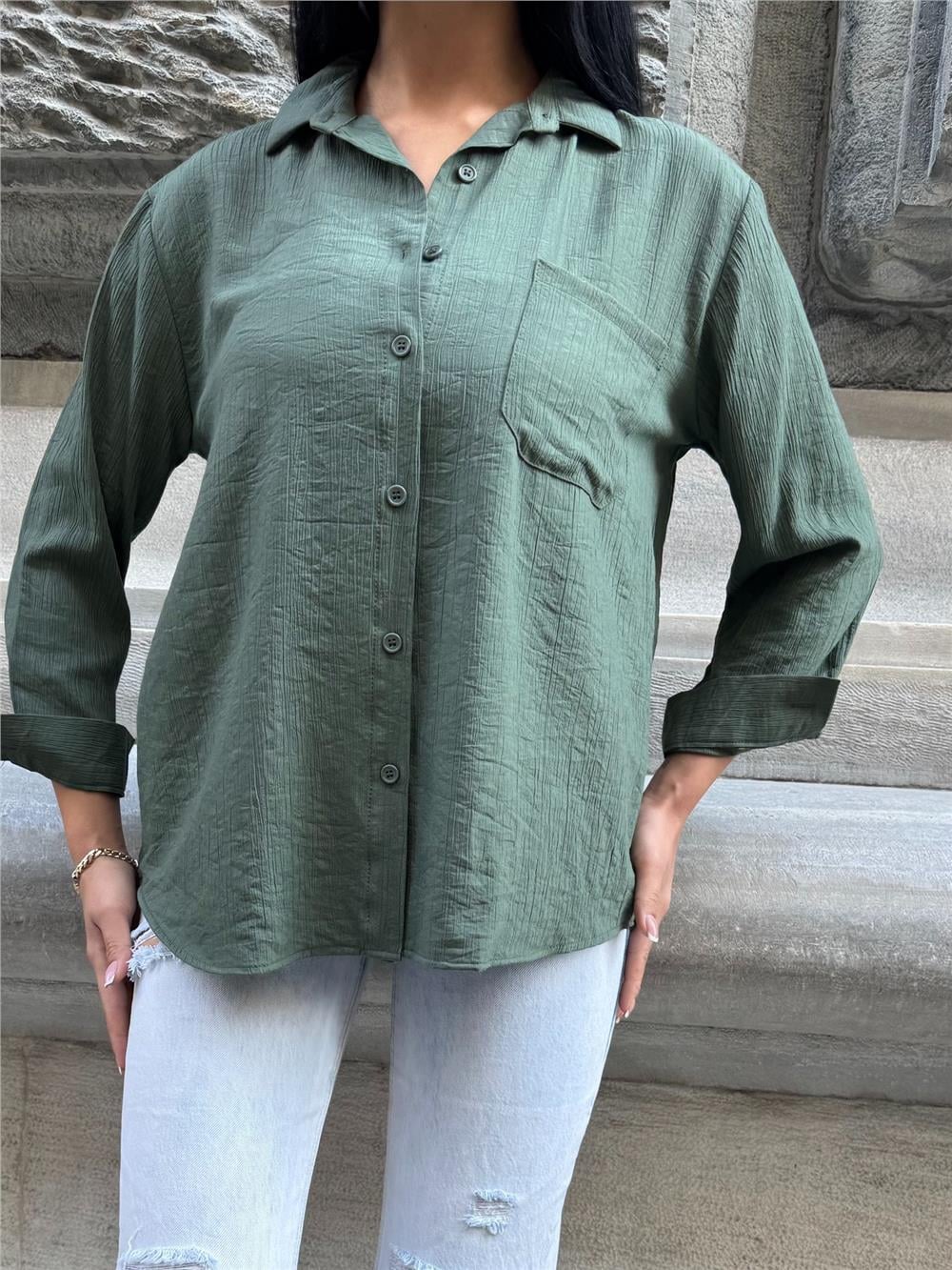 Haki Kırışık Oversize %100 Pamuk Gömlek
