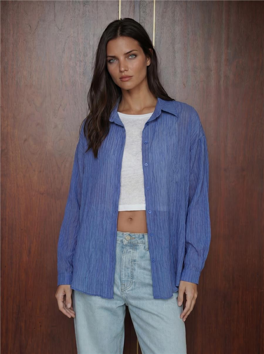İndigo Uzun Oversize Gömlek