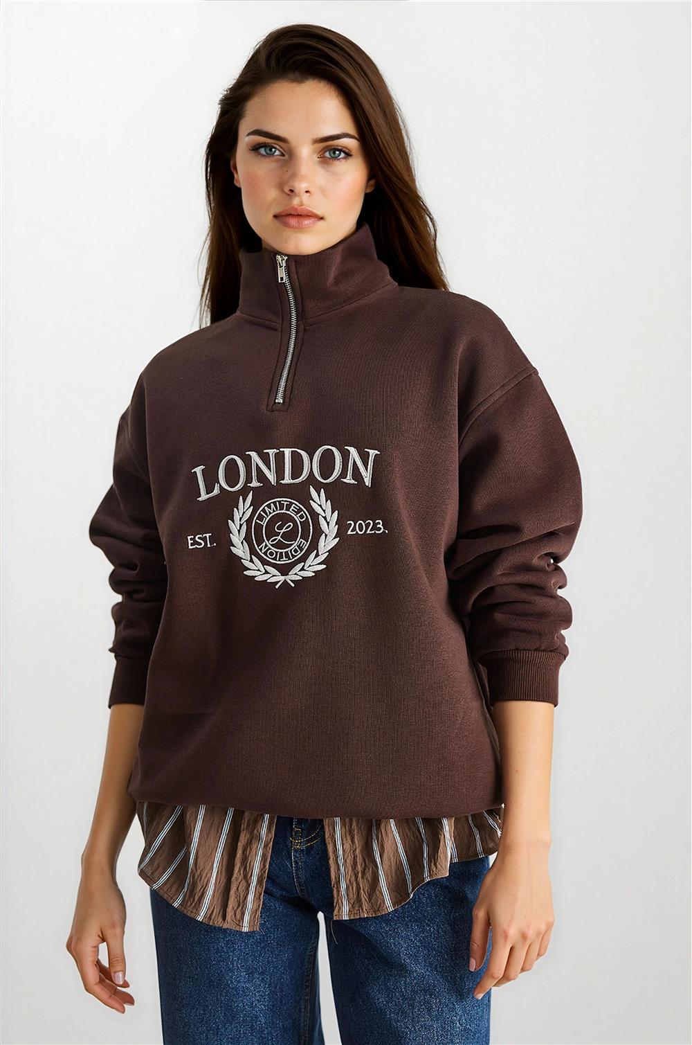 Kahverengi İşlemeli Sweatshirt