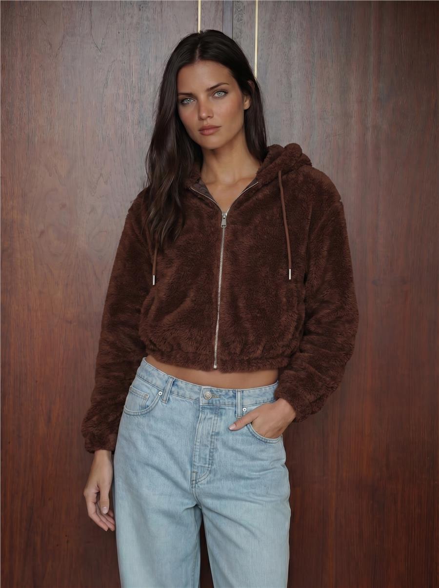 Kahverengi Kapüşonlu Peluş Crop Ceket