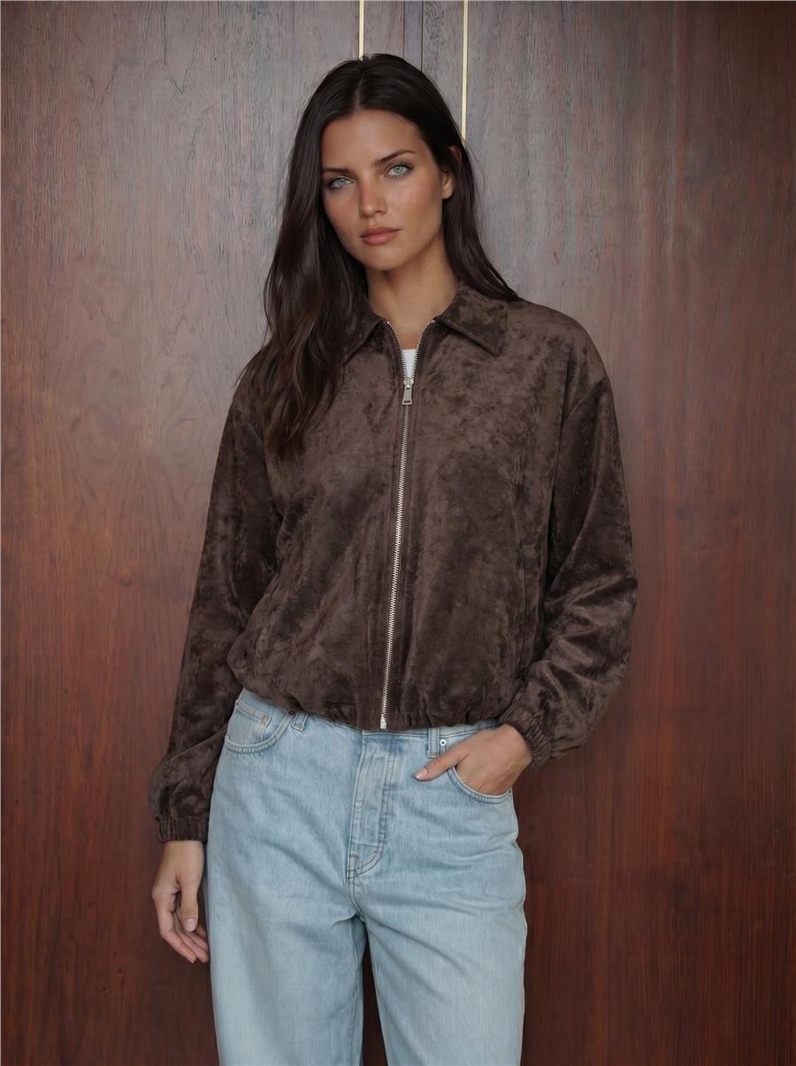 Kahverengi Oversize Büzgülü Kadife Ceket