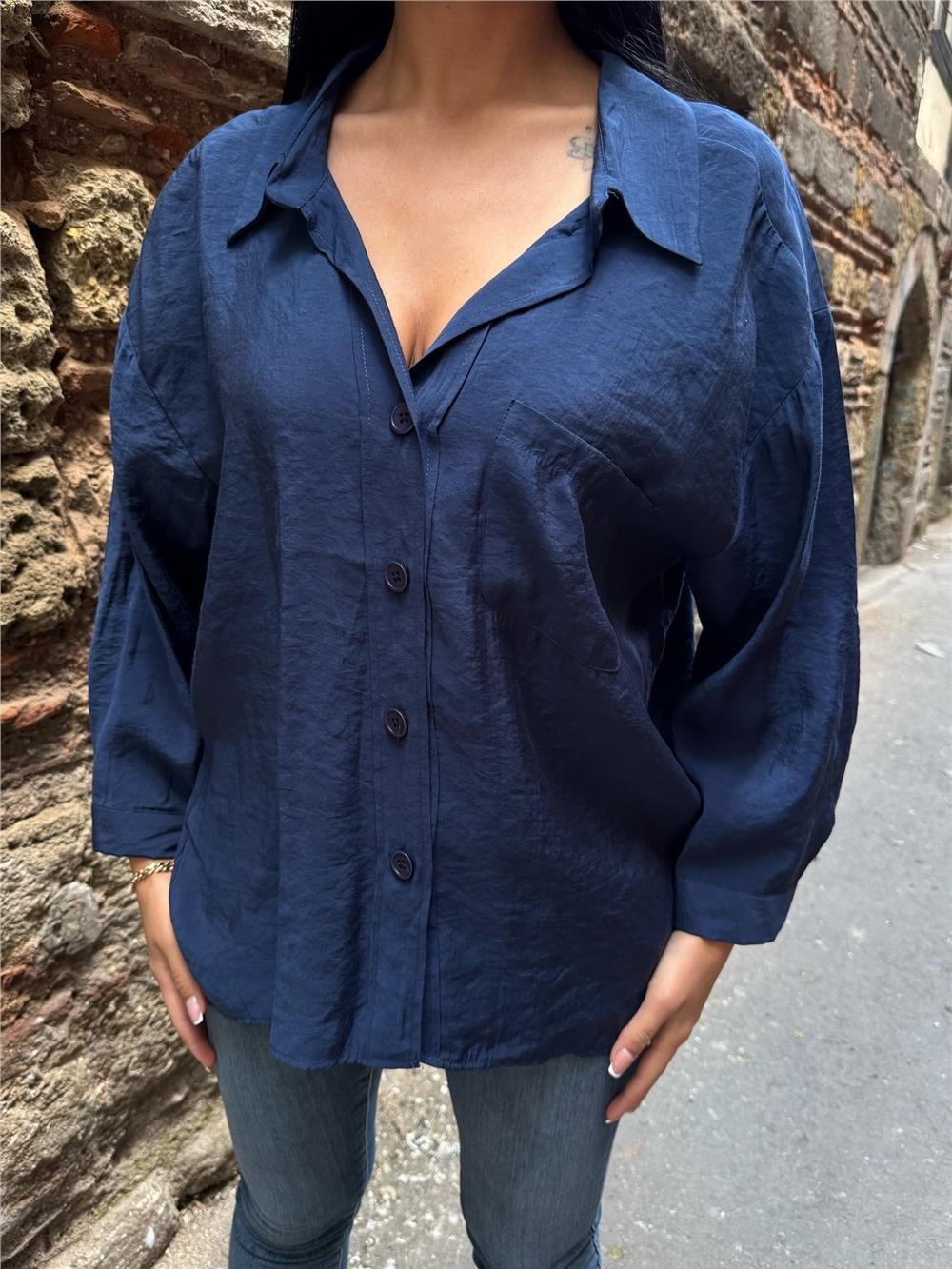 Lacı Pamuk Polyester Cepli Gömlek