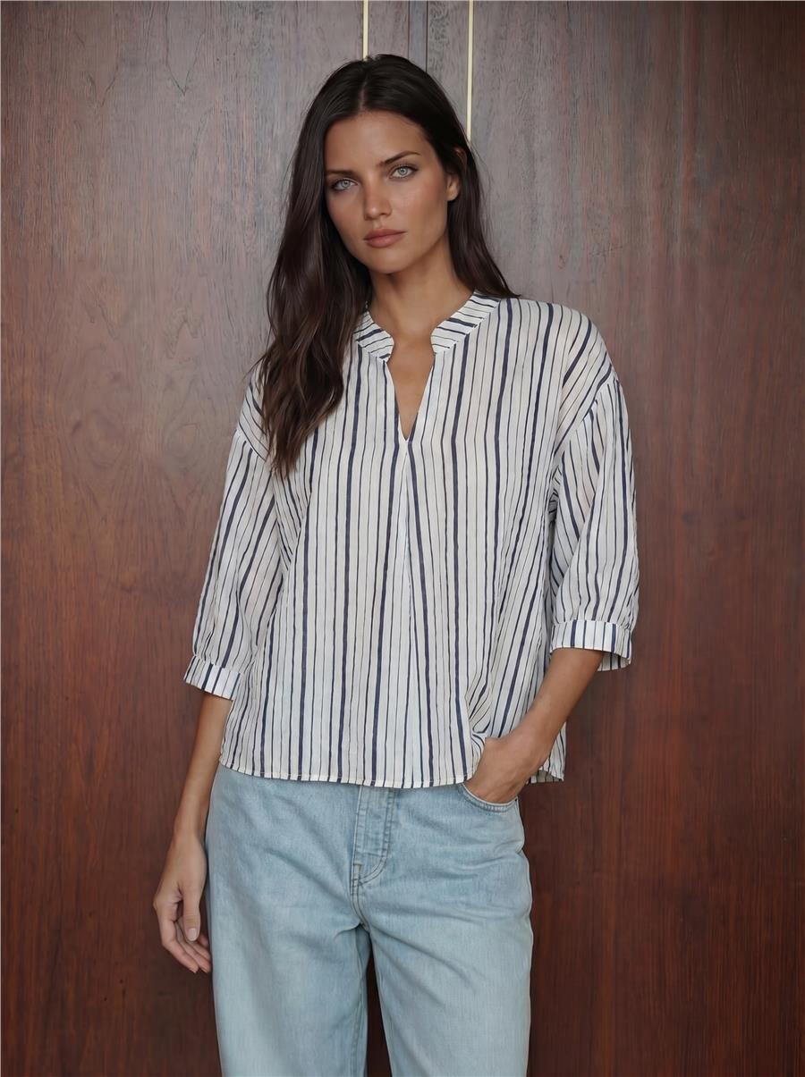 Lacivert Çizgili Oversize Bluz