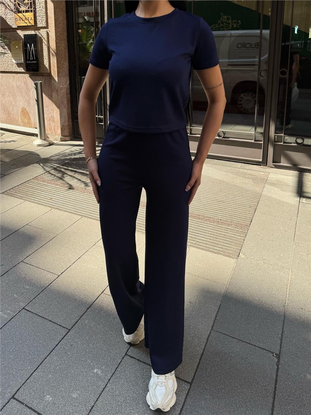 Lacivert Polyester Keten Palazzo Takım
