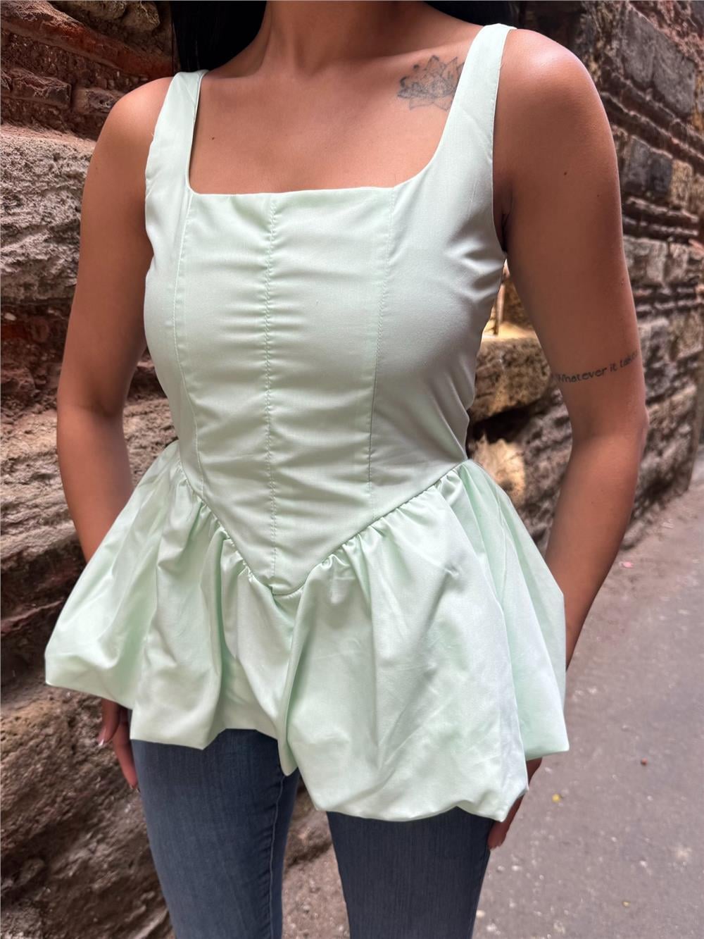 Mint Pamuk Polyester Kare Yaka Bluz