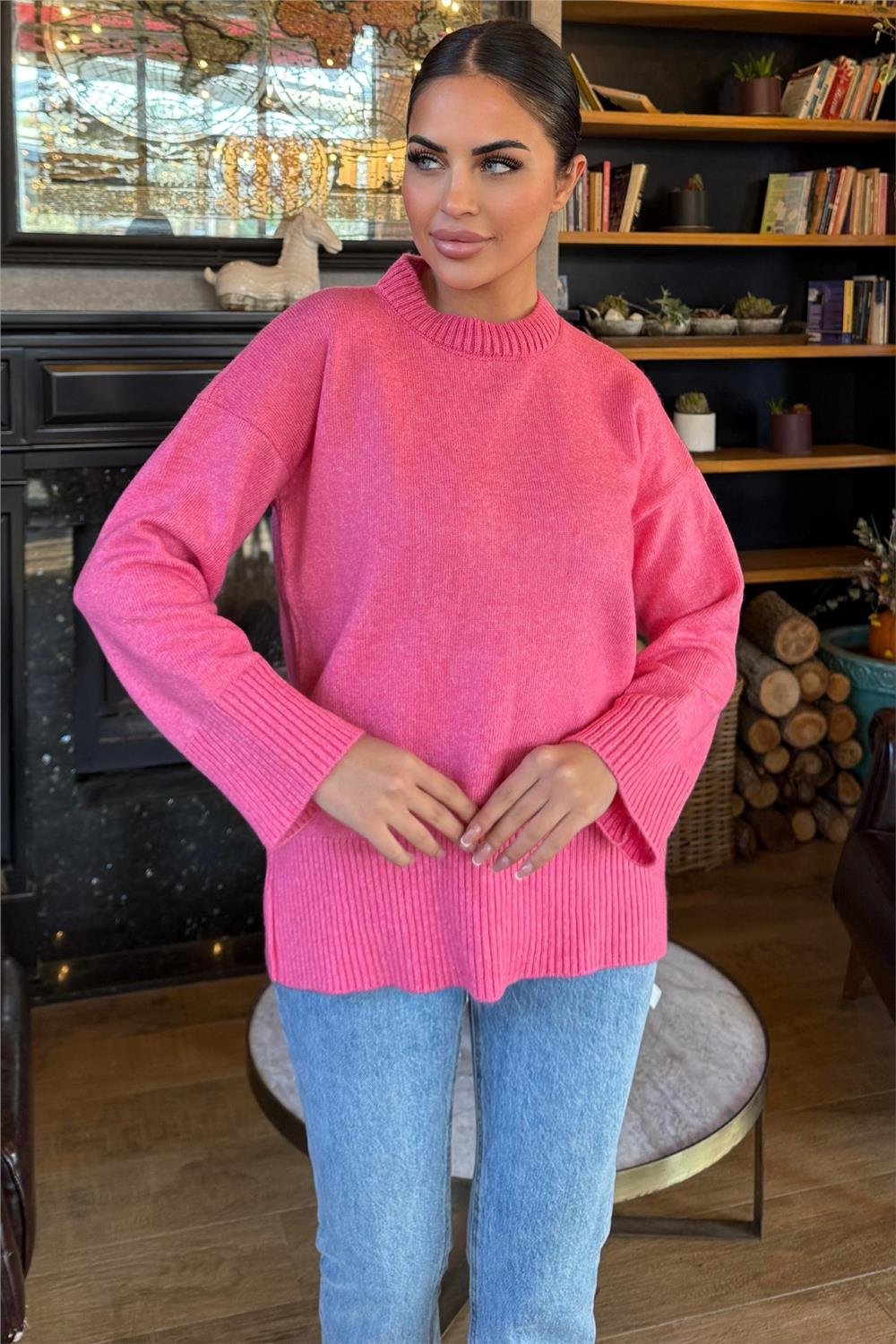 Pembe Bisiklet Yaka Ribana Detaylı Yumuşak Dokulu Salaş Triko Kazak