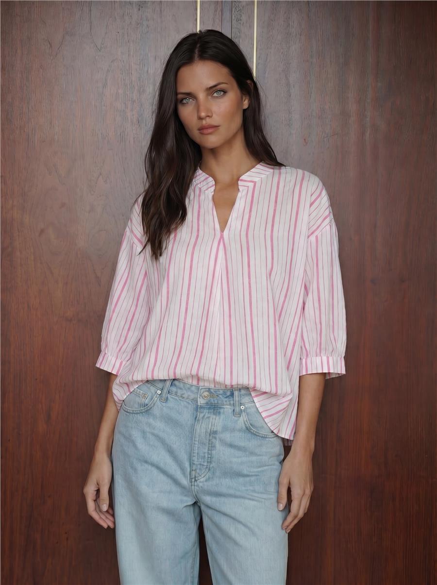 Pudra Çizgili Oversize Bluz
