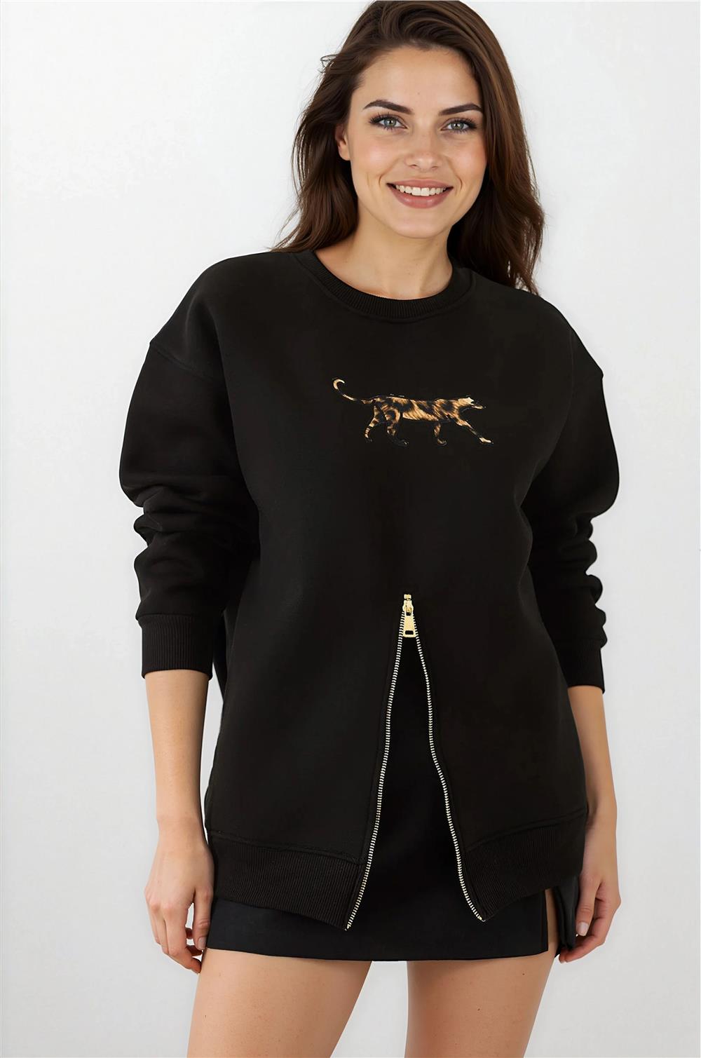 Siyah Leopar Desen Sweatshirt