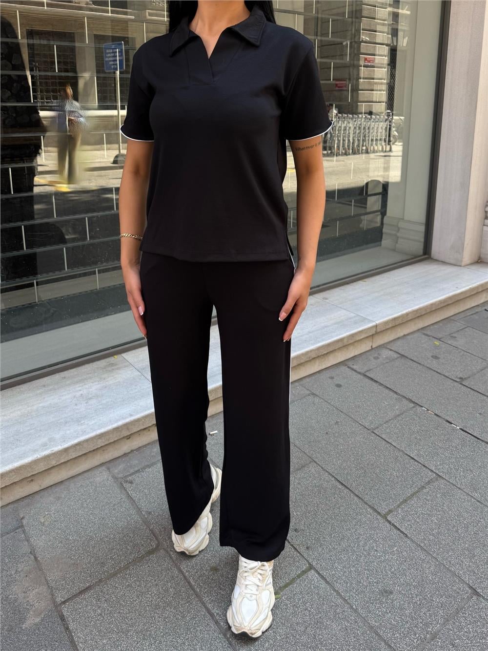 Siyah Polyester Keten Polo Yaka Takım