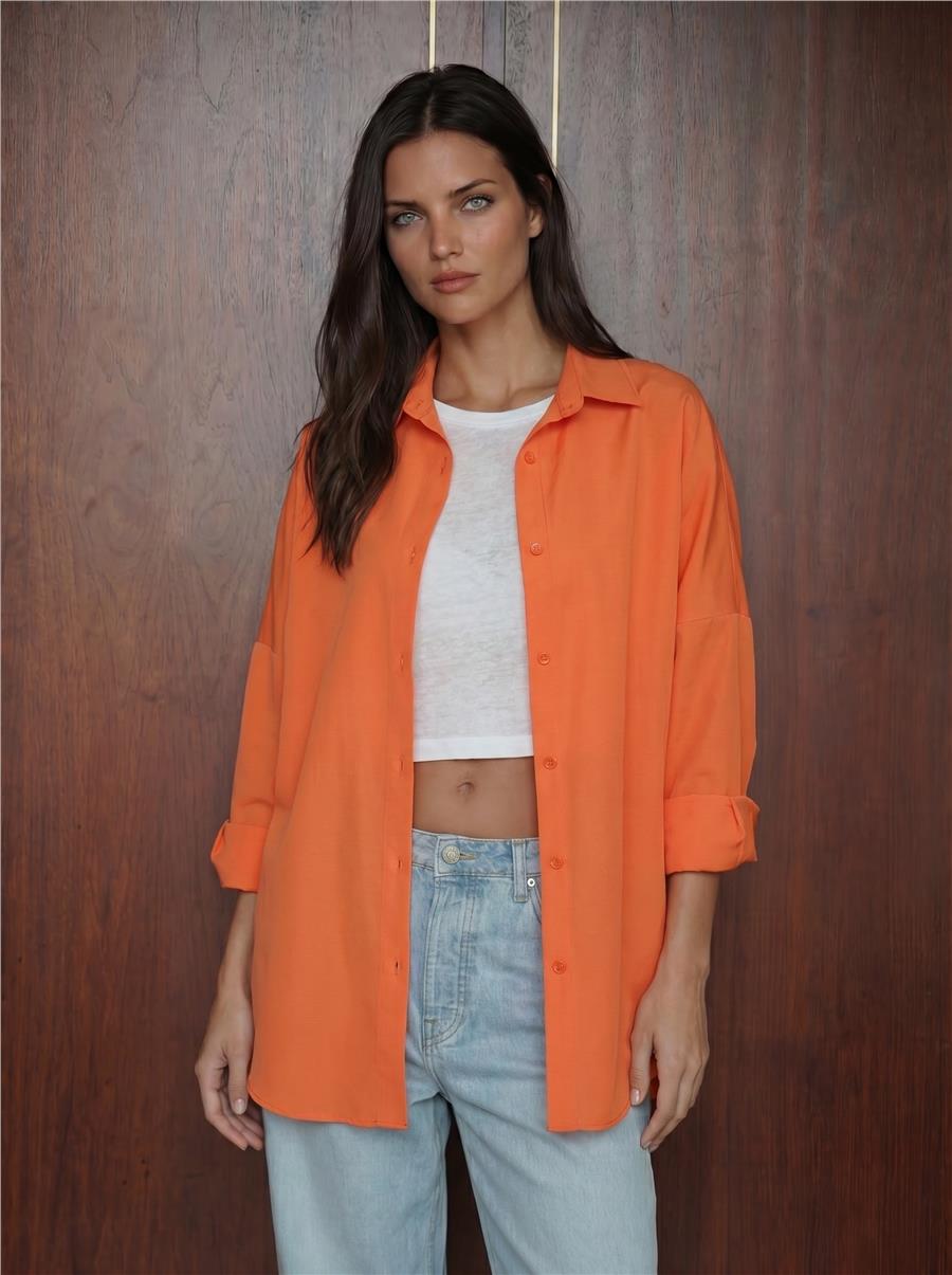 Turuncu Oversize Uzun Basic Gömlek