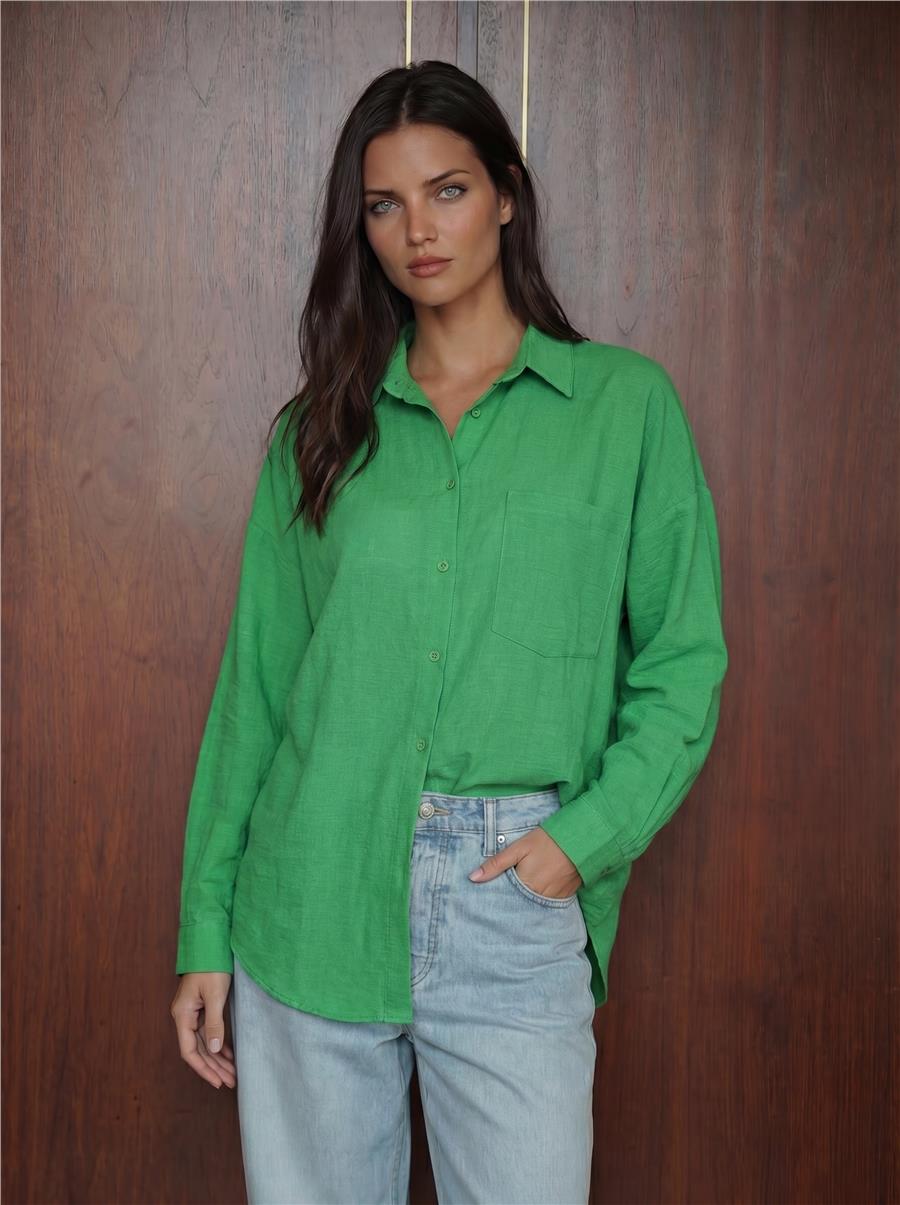 Yeşil Tek Cepli Oversize Gömlek