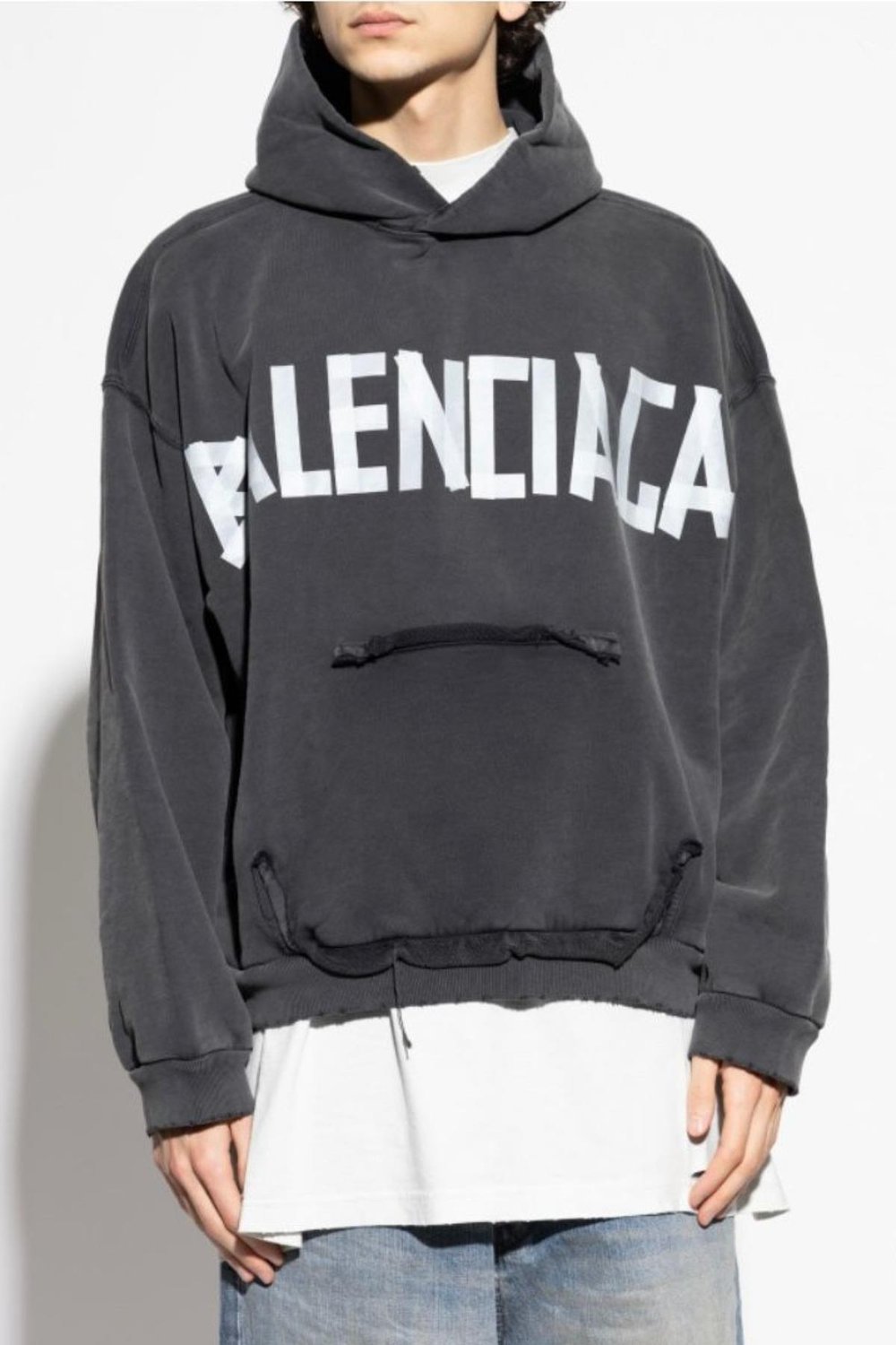 BALENCIAGA Tape Type Ripped Pocket Hoodie Oversized in Antrasite Faded