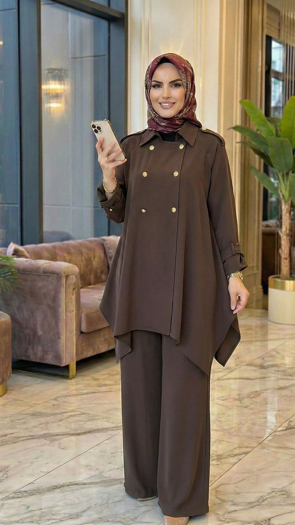 Ersev Pantalonlu Takım Kahverengi