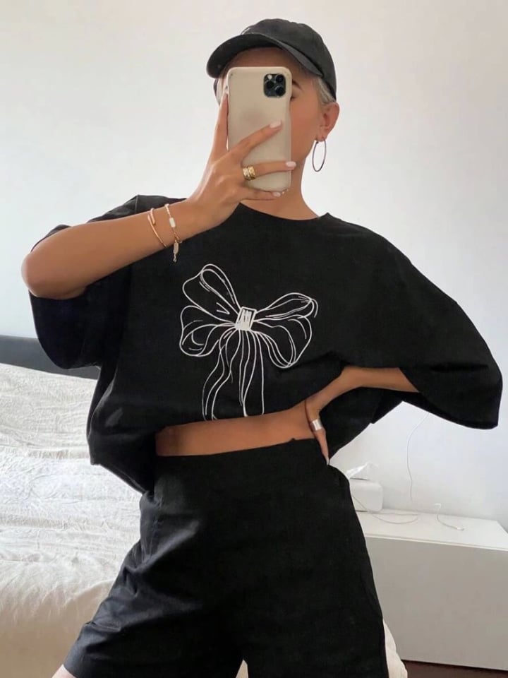Baskılı Oversize T-shirt - Siyah