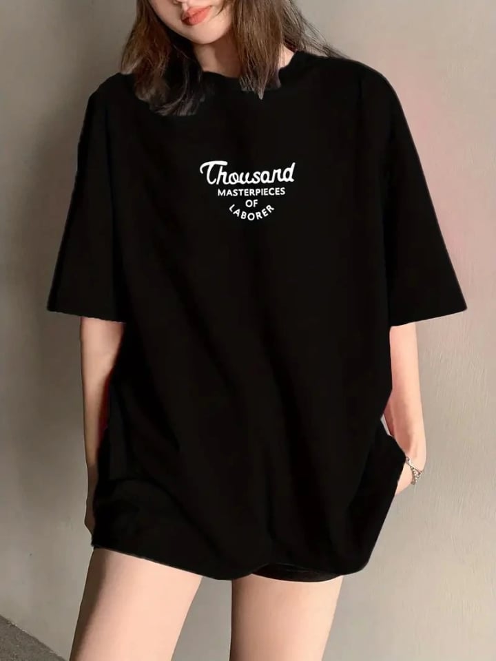 Thousand Baskılı Oversize Bisiklet Yaka T-shirt - Siyah