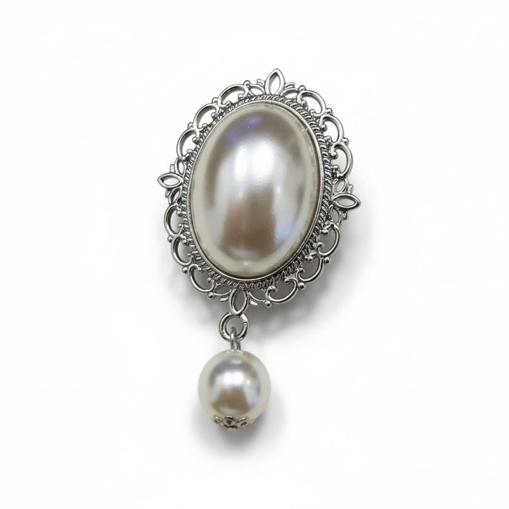 Vintage İnci Detaylı Oval Silver Broş
