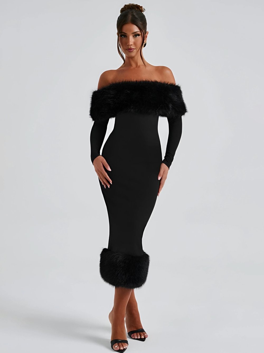 KELLY KÜRK DETAY MİDİ ELBİSE