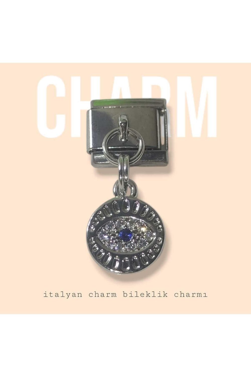 Çelik İtalyan Charm Bileklik Charmı Sallantılı Mavi Taşlı Göz Motifli