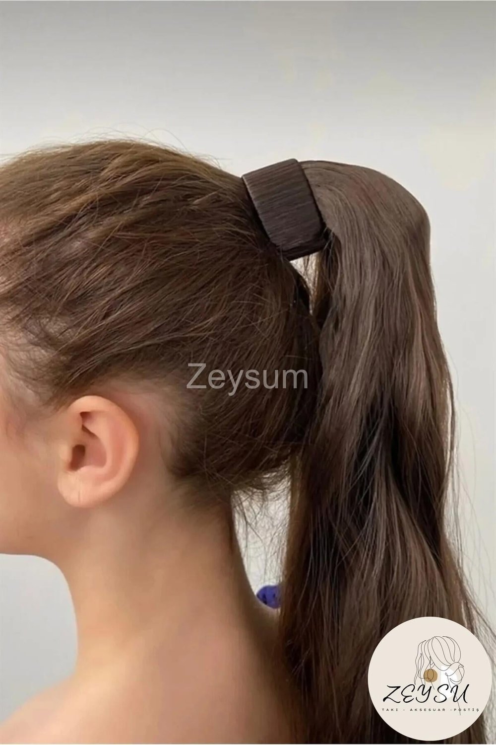 Kestane Kahverengi At Kuyruğu Saç Dalgalı Cıtçıtlı Takma Postiş Saç 60 Cm Isıya Dayanıklı