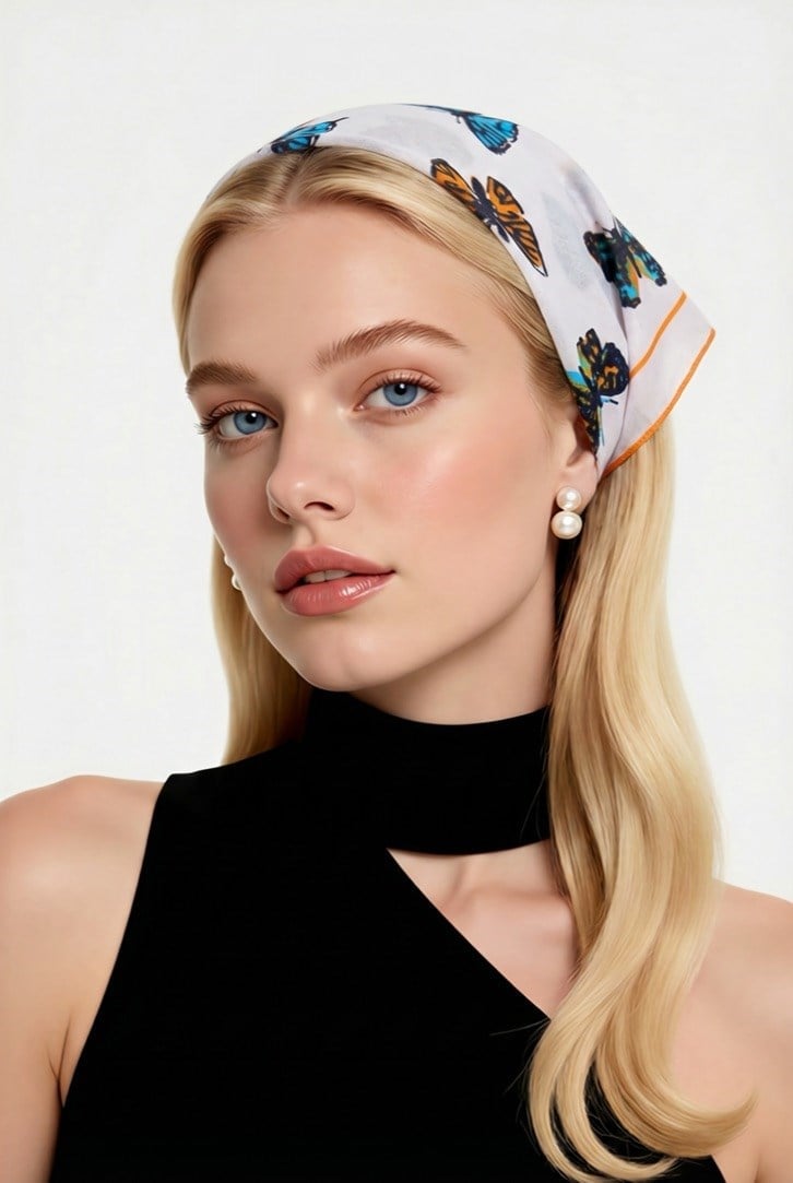 Beyaz Renk Kumaş İçi Kelebek Desenli 100% Koton Bandana