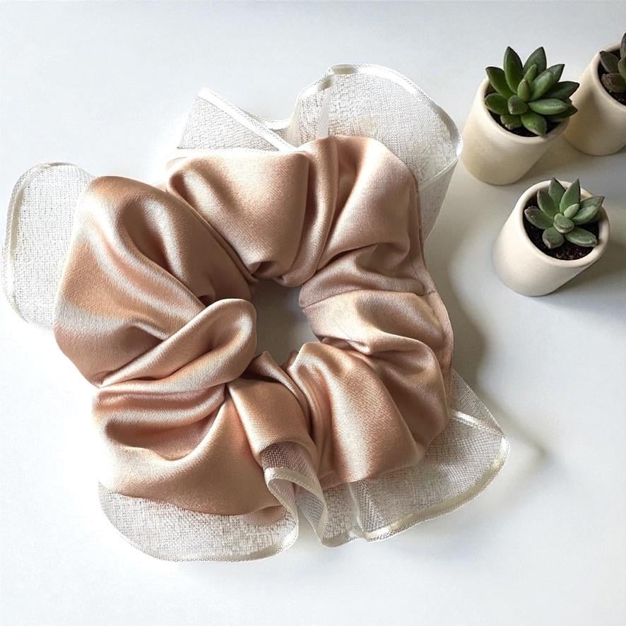 Krem Kenarları Tül  Scrunchie Büyük Boy Simit Toka