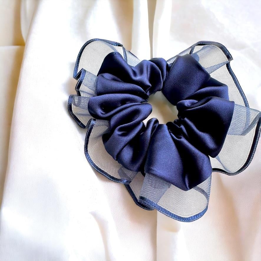 Lacivert Kenarları Tül  Scrunchie Büyük Boy Simit Toka