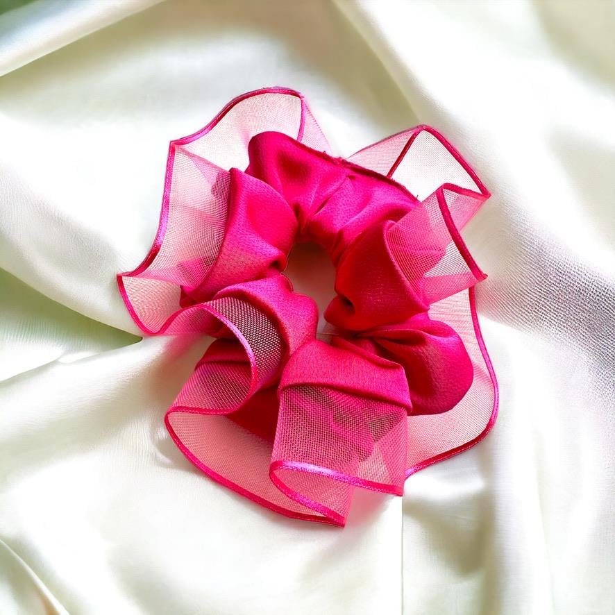 Pembe Kenarları Tül  Scrunchie Büyük Boy Simit Toka