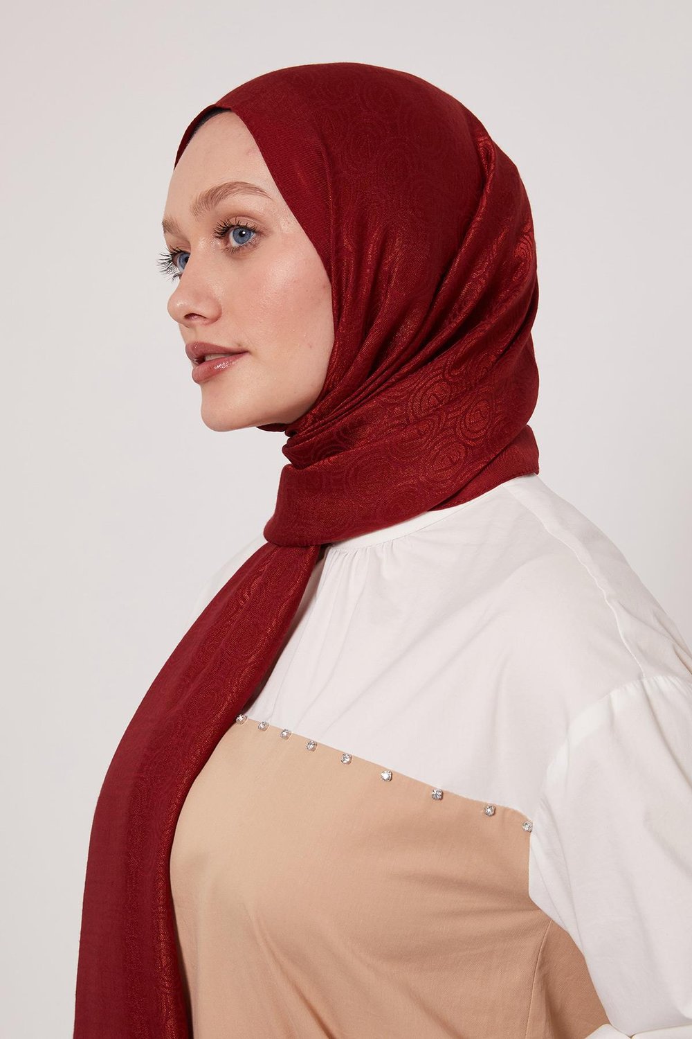 Lyocell Naia Jakarlı Şal | Güz Kırmızısı
