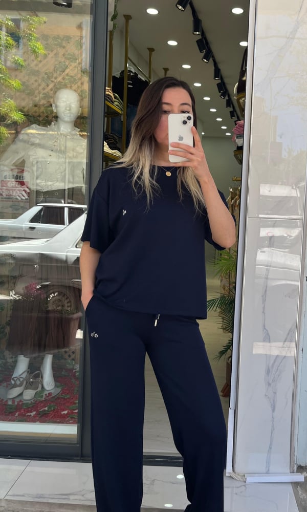 Bisiklet Yaka Baskılı Modal Takım Lacivert
