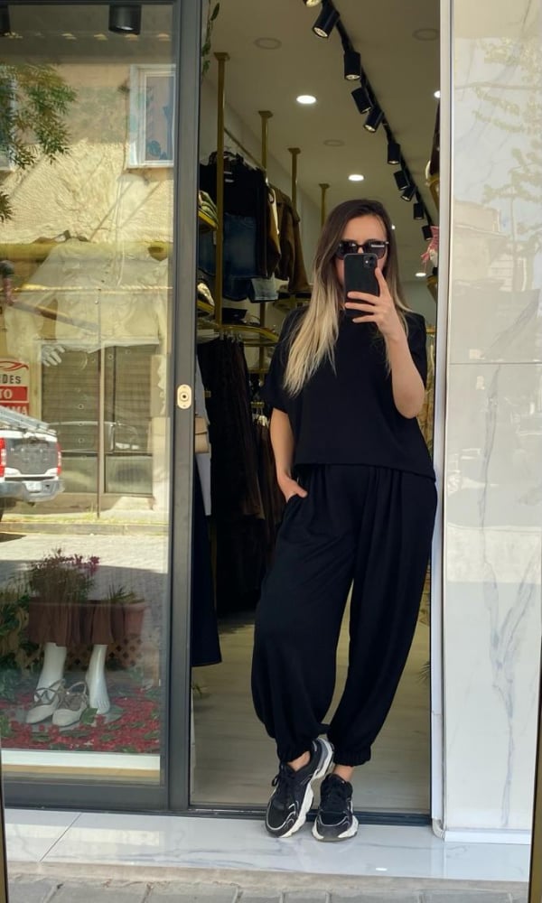 Modal Kumaş Tshirt ve Şalvar Pantolon Takım Siyah