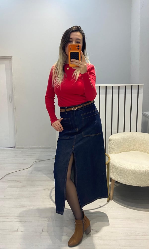 Önü Yırtmaçlı Cep Detaylı Denim Etek