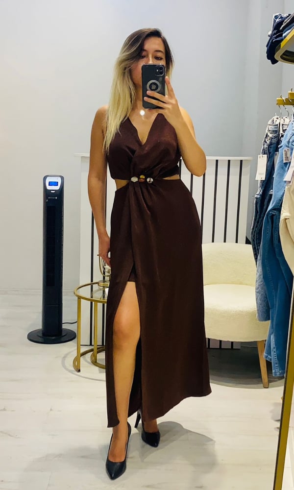 Pencere Detaylı Boncuklu Elbise