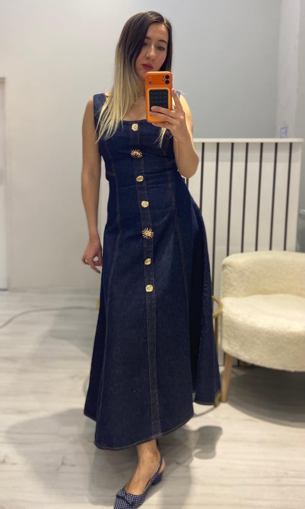Süs Düğmeli Denim Elbise 
