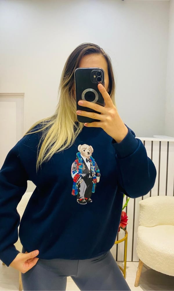 Teddy Ayıcık Baskılı Şardonlu Sweat Lacivert