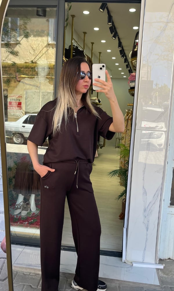 Yakalı Fermuarlı Kısa Kol Modal Takım Kahverengi