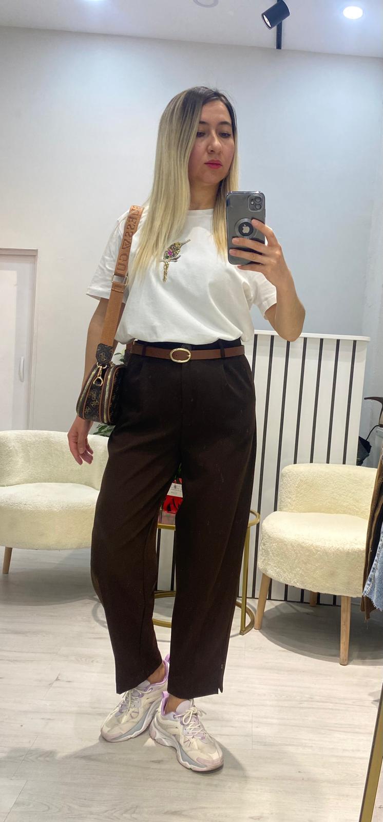 Yanları Yırtmaçlı Bilek Paça Pantolon - Kahverengi