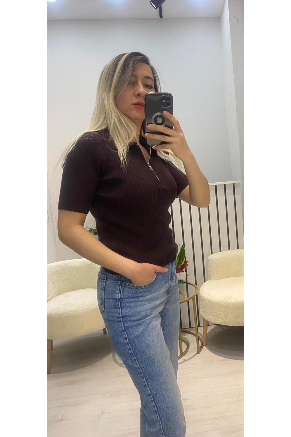 Yarım Fermuarlı Fitilli Polo Yaka Triko Bluz